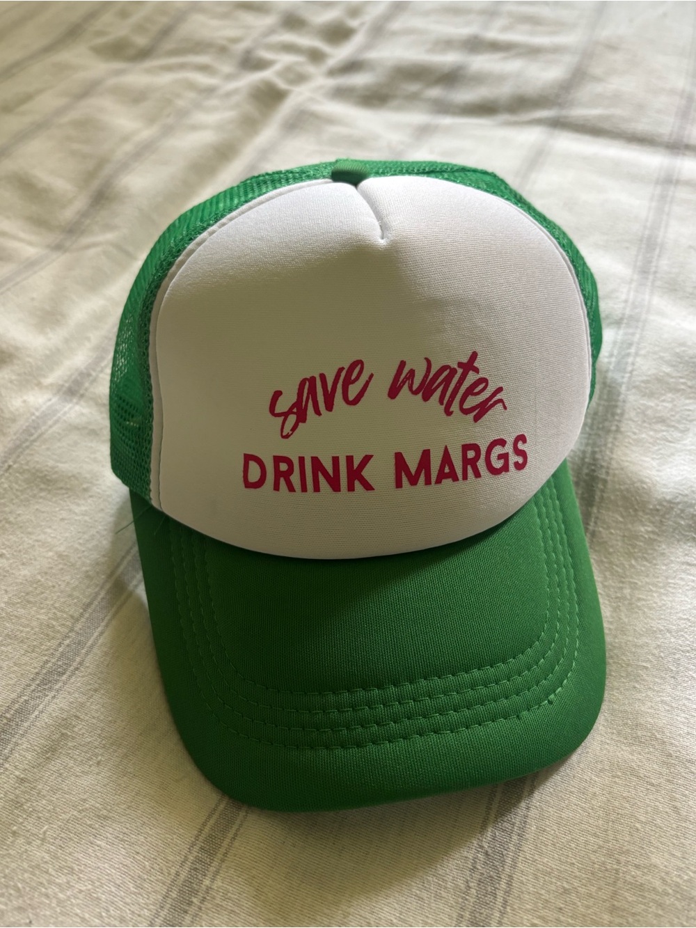 Green and White Trucker Hat - "Save Water Drink Margs"